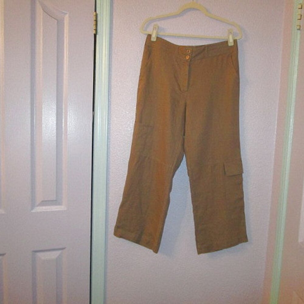 Orvis Wide Leg Linen Pants Womens Size 8 Brown Cargo Crop Coastal Beach NEW